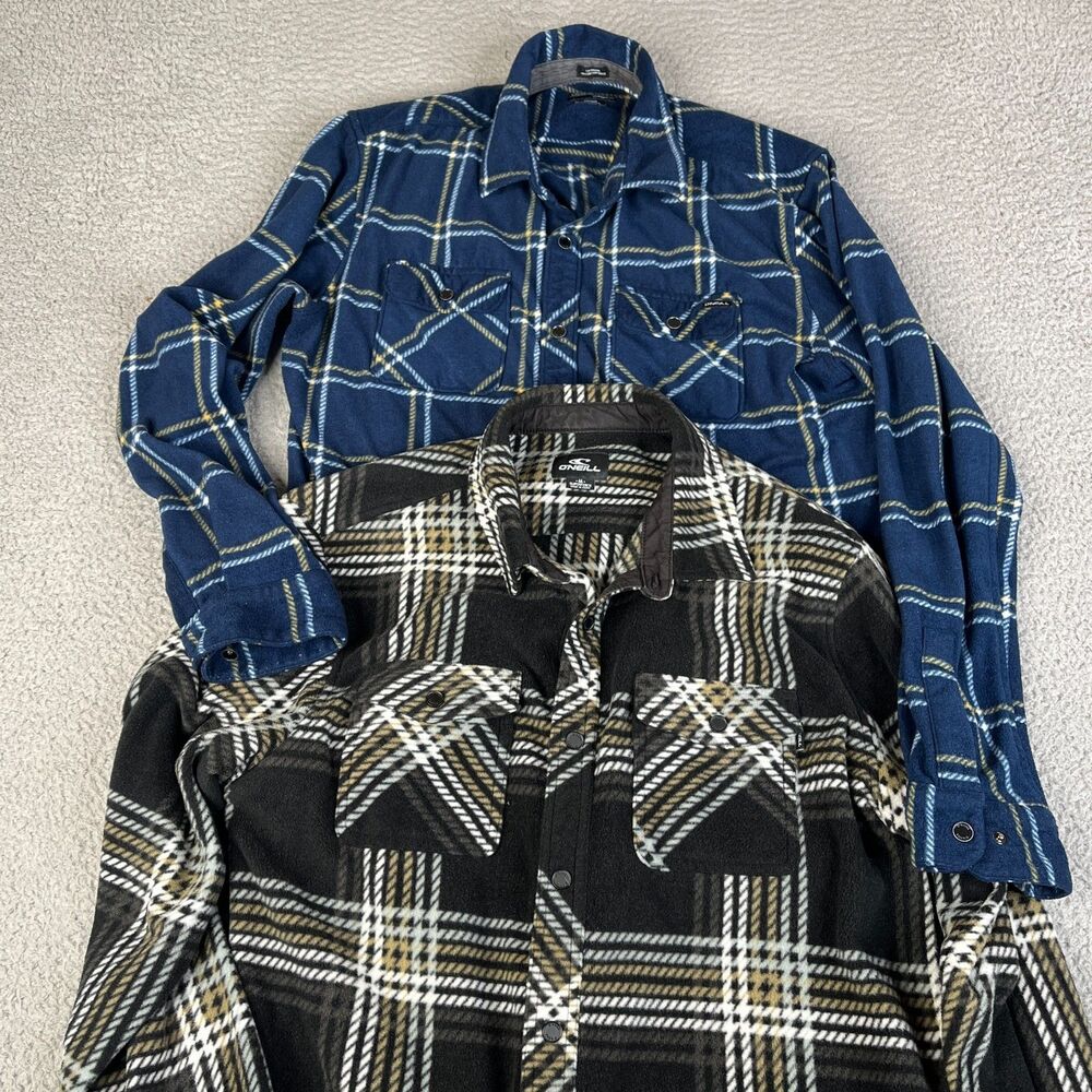 LOT OF 2 O'NEILL Fleece Shirt Men Large Blue Black Plaid Snap Shacket Overshirt